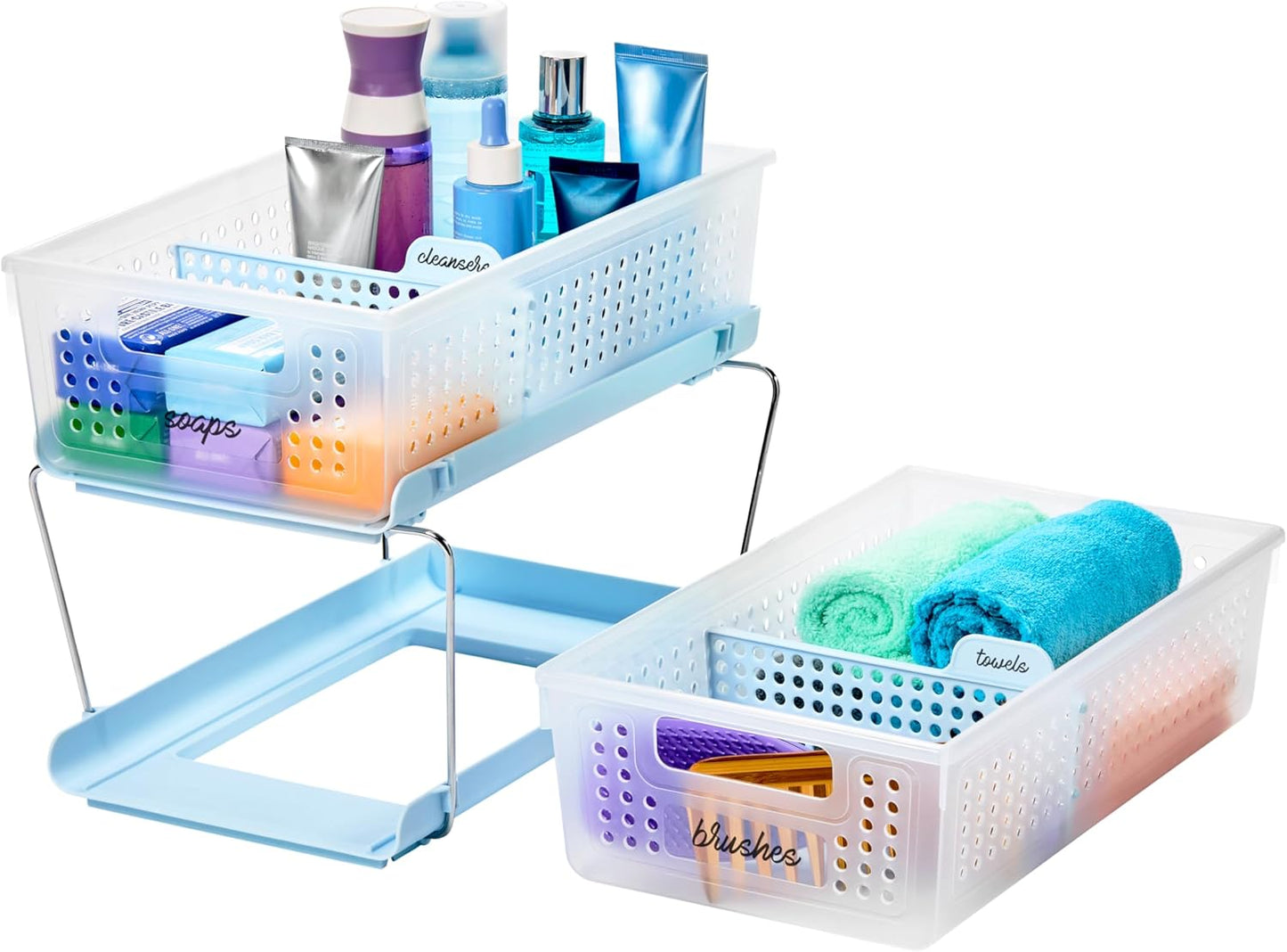 2-Tier Plastic Multipurpose Organizer with Divided Slide-Out Storage Bins, Under-Sink and Cabinet Rack, Frost