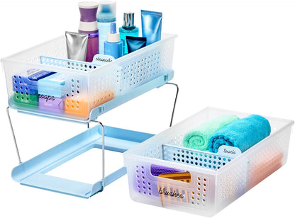 2-Tier Plastic Multipurpose Organizer with Divided Slide-Out Storage Bins, Under-Sink and Cabinet Rack, Frost
