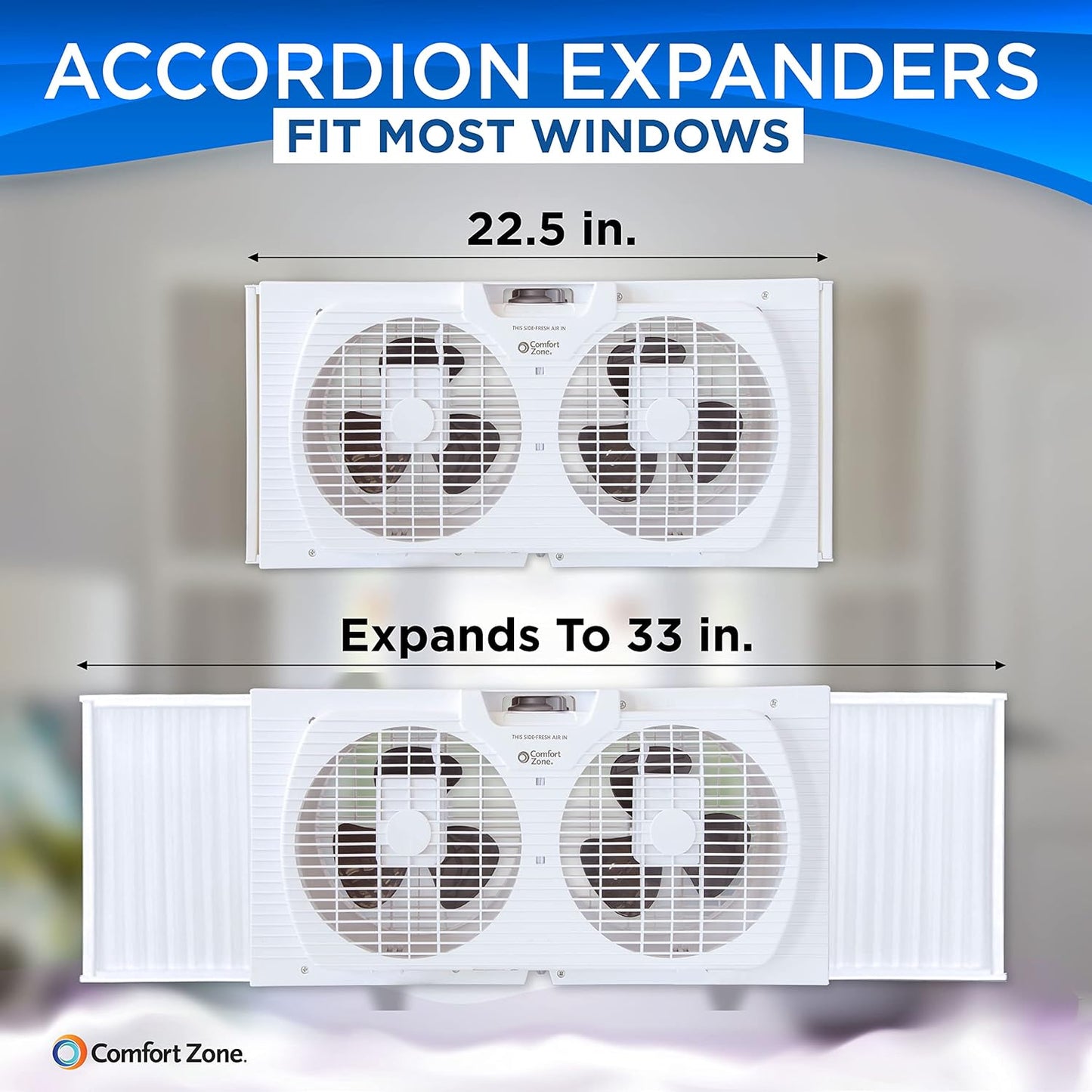 Twin Window Fan with Reversible Airflow, 9" Dual Fan, 2-Speed, Auto-Locking Expanders, 9.84 ft/sec, for Home, Kitchen, Bedroom, or Office