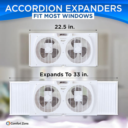 Twin Window Fan with Reversible Airflow, 9" Dual Fan, 2-Speed, Auto-Locking Expanders, 9.84 ft/sec, for Home, Kitchen, Bedroom, or Office