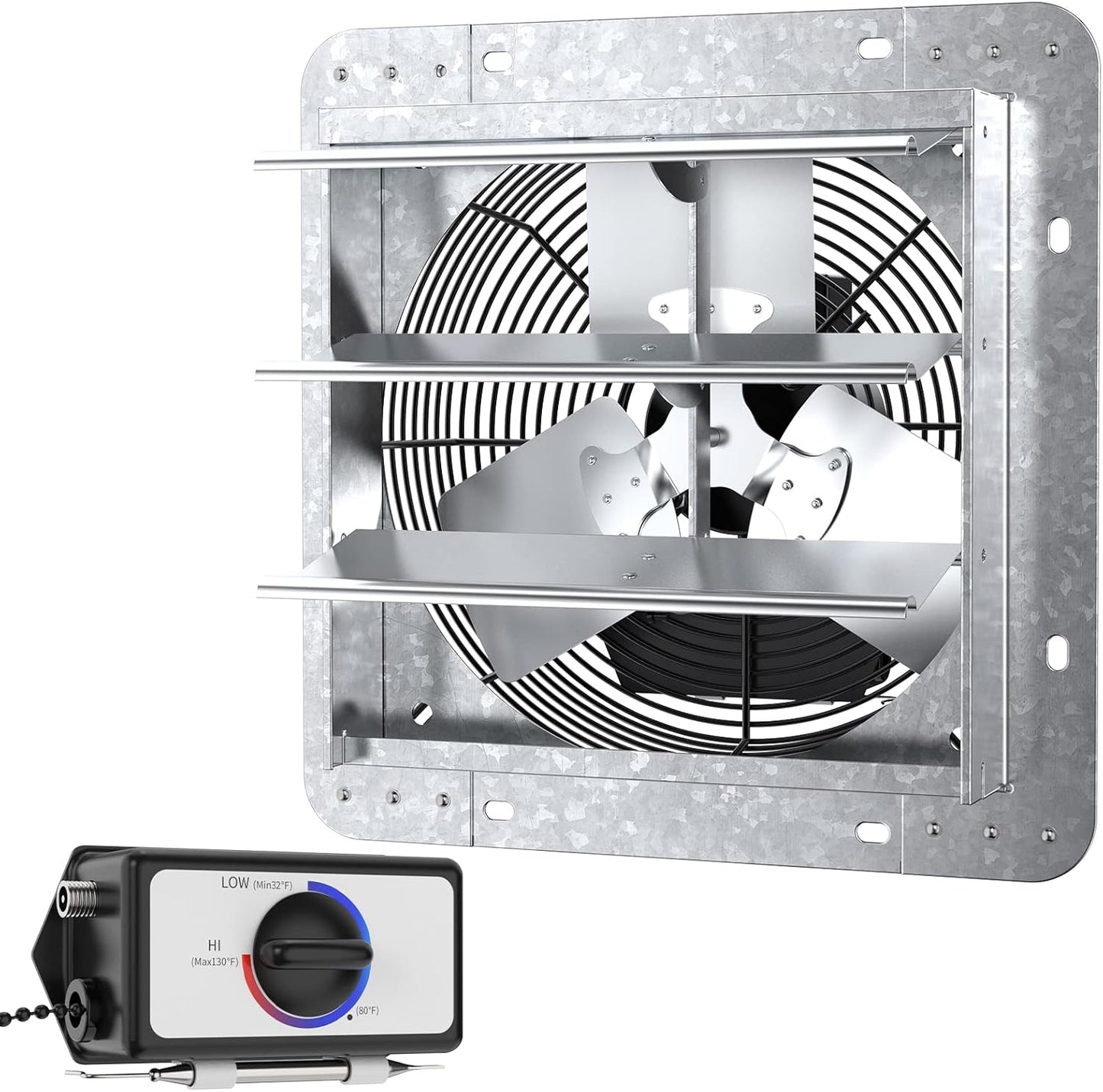 12" Wall Mounted Shutter Exhaust Fan with Thermostat and 3-Speed Control, 960CFM, 1200 SQF Ventilation for Attic, Shed, or Garage, Silver