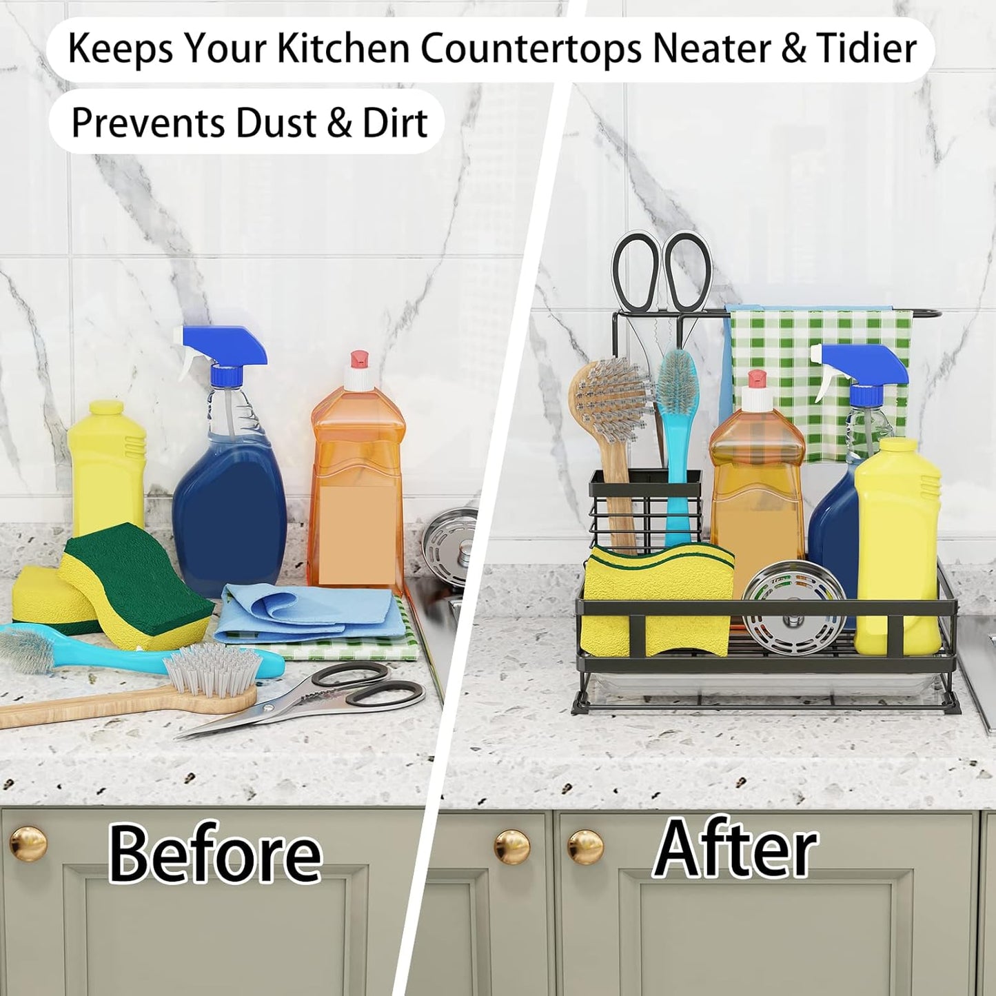 Dish Soap Dispenser and Kitchen Sink Organizer, 304 Stainless Steel with Brush Rack, Sponge Holder, and Drain-Pan Sink Caddy, Kitchen Gadget Gift