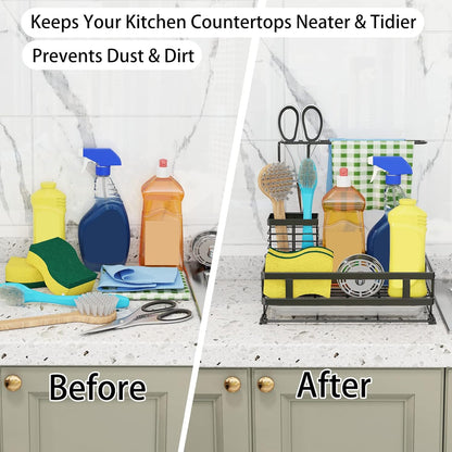 Dish Soap Dispenser and Kitchen Sink Organizer, 304 Stainless Steel with Brush Rack, Sponge Holder, and Drain-Pan Sink Caddy, Kitchen Gadget Gift