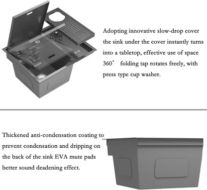 21.6x17.7-Inch Black Stainless Steel Slow Drop Bar Sink for Center Island, Motor Home, Western Style Countertop with Rotating Folding Faucet and Press Cup Washer