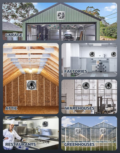 12" Wall Mounted Shutter Exhaust Fan with Thermostat and 3-Speed Control, 960CFM, 1200 SQF Ventilation for Attic, Shed, or Garage, Silver