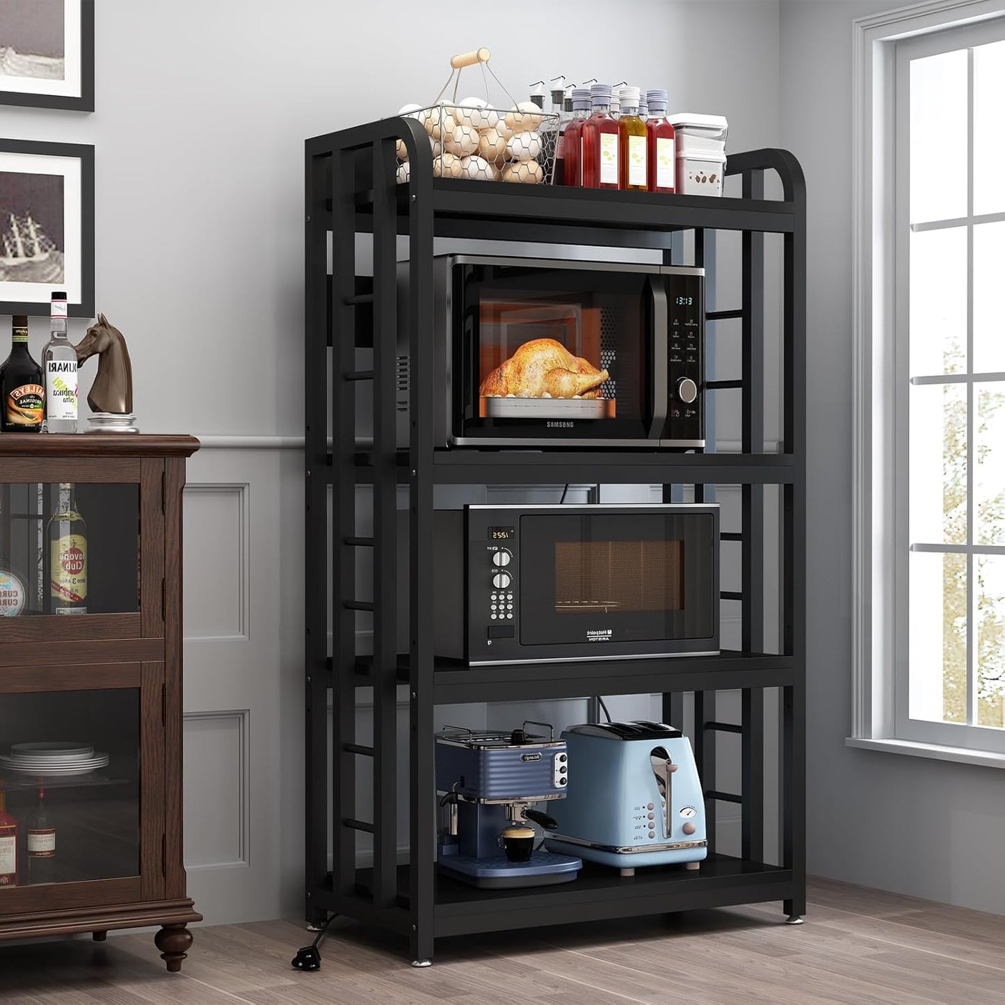 4-Tier Bakers Rack with Power Outlet, Microwave Stand, Freestanding Kitchen Storage Rack, Coffee Bar, Black