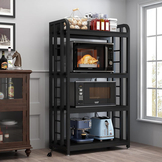 4-Tier Bakers Rack with Power Outlet, Microwave Stand, Freestanding Kitchen Storage Rack, Coffee Bar, Black