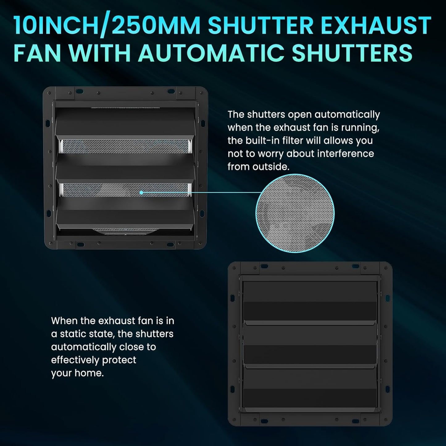10" Shutter Exhaust Fan, 647CFM Low Noise with Mesh Screen for Basement, Shed, Gable, or Chicken Coop Ventilation, Black