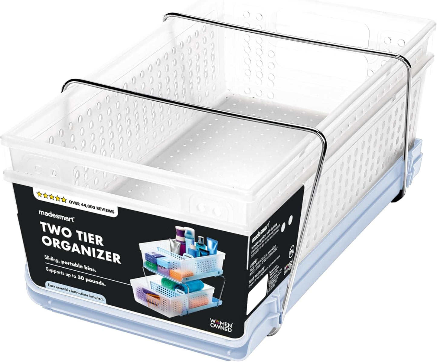 2-Tier Plastic Multipurpose Organizer with Divided Slide-Out Storage Bins, Under-Sink and Cabinet Rack, Frost