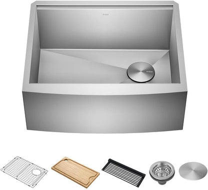 24-Inch Farmhouse Workstation Single Bowl Stainless Steel Kitchen Sink with Accessories, 16-Gauge
