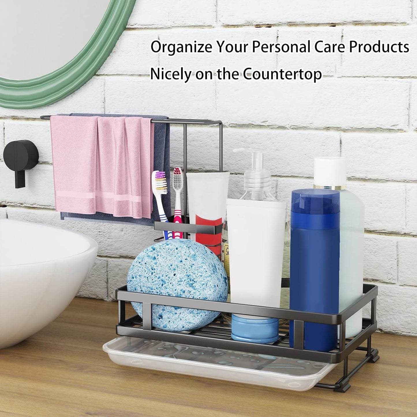 Dish Soap Dispenser and Kitchen Sink Organizer, 304 Stainless Steel with Brush Rack, Sponge Holder, and Drain-Pan Sink Caddy, Kitchen Gadget Gift