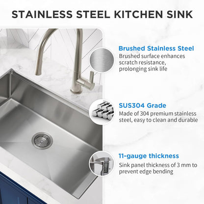 27-Inch Undermount Single Bowl Stainless Steel Kitchen Sink with Quiet Drain, 11-Gauge, Integrated Workstation Set