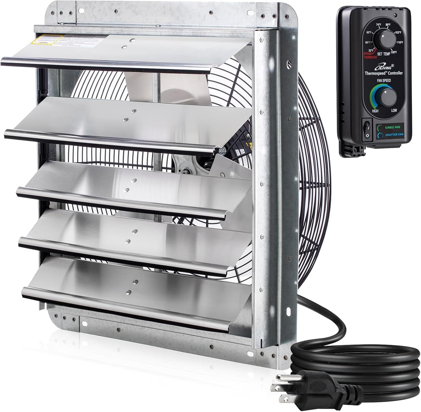 18" Wall Mounted Shutter Exhaust Fan with Automatic Shutter, Thermostat, Variable Speed, 1736CFM, 2600 SQF Coverage, Silver