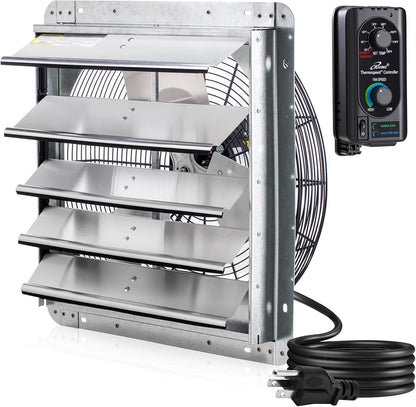 18" Wall Mounted Shutter Exhaust Fan with Automatic Shutter, Thermostat, Variable Speed, 1736CFM, 2600 SQF Coverage, Silver