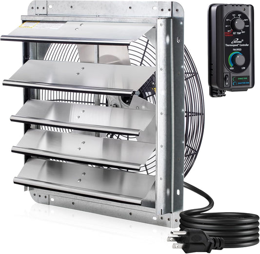 18" Wall Mounted Shutter Exhaust Fan with Automatic Shutter, Thermostat, Variable Speed, 1736CFM, 2600 SQF Coverage, Silver