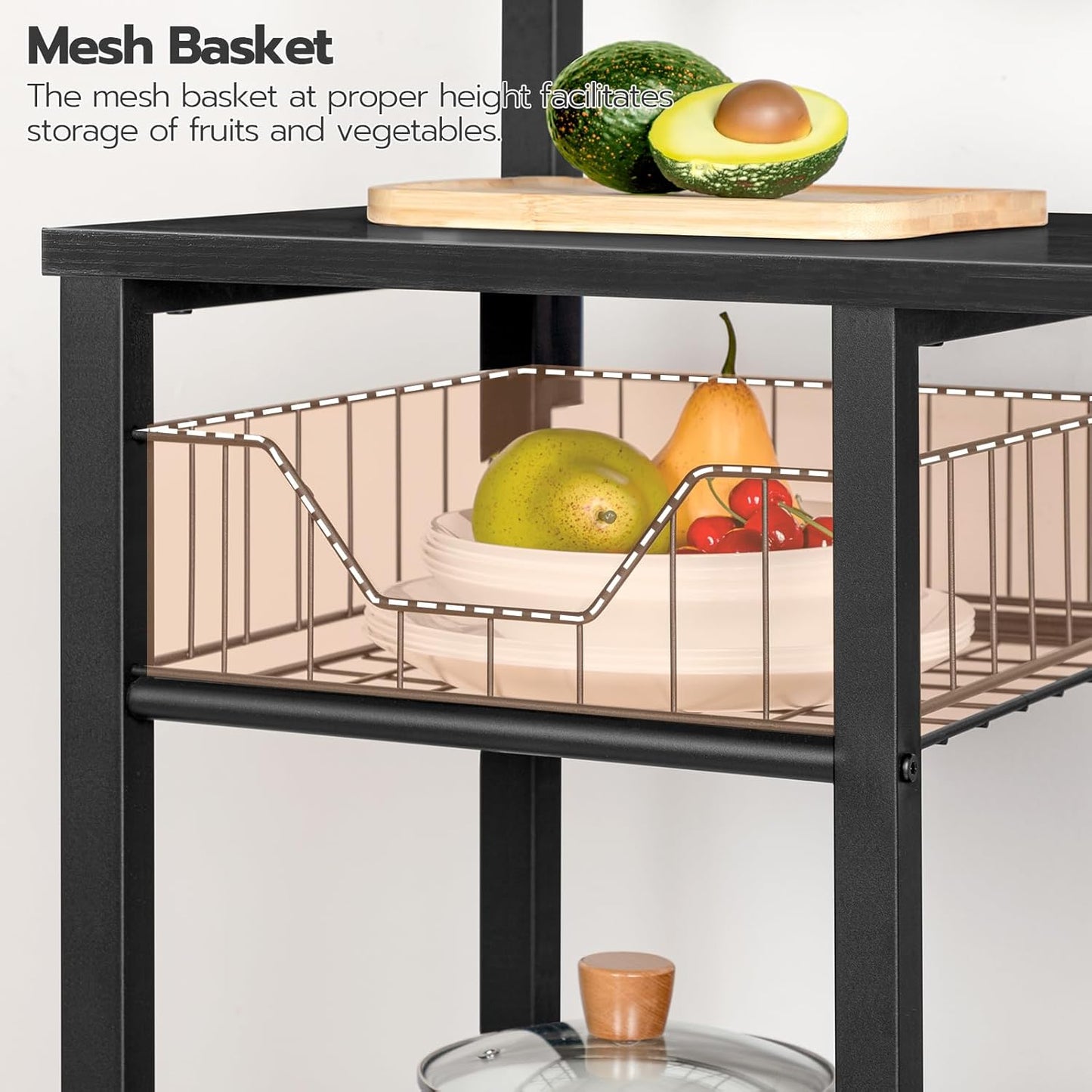 Kitchen Bakers Rack with Power Outlet, Microwave Stand, Mesh Basket, 4 Hooks, Coffee Station, Black