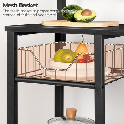 Kitchen Bakers Rack with Power Outlet, Microwave Stand, Mesh Basket, 4 Hooks, Coffee Station, Black