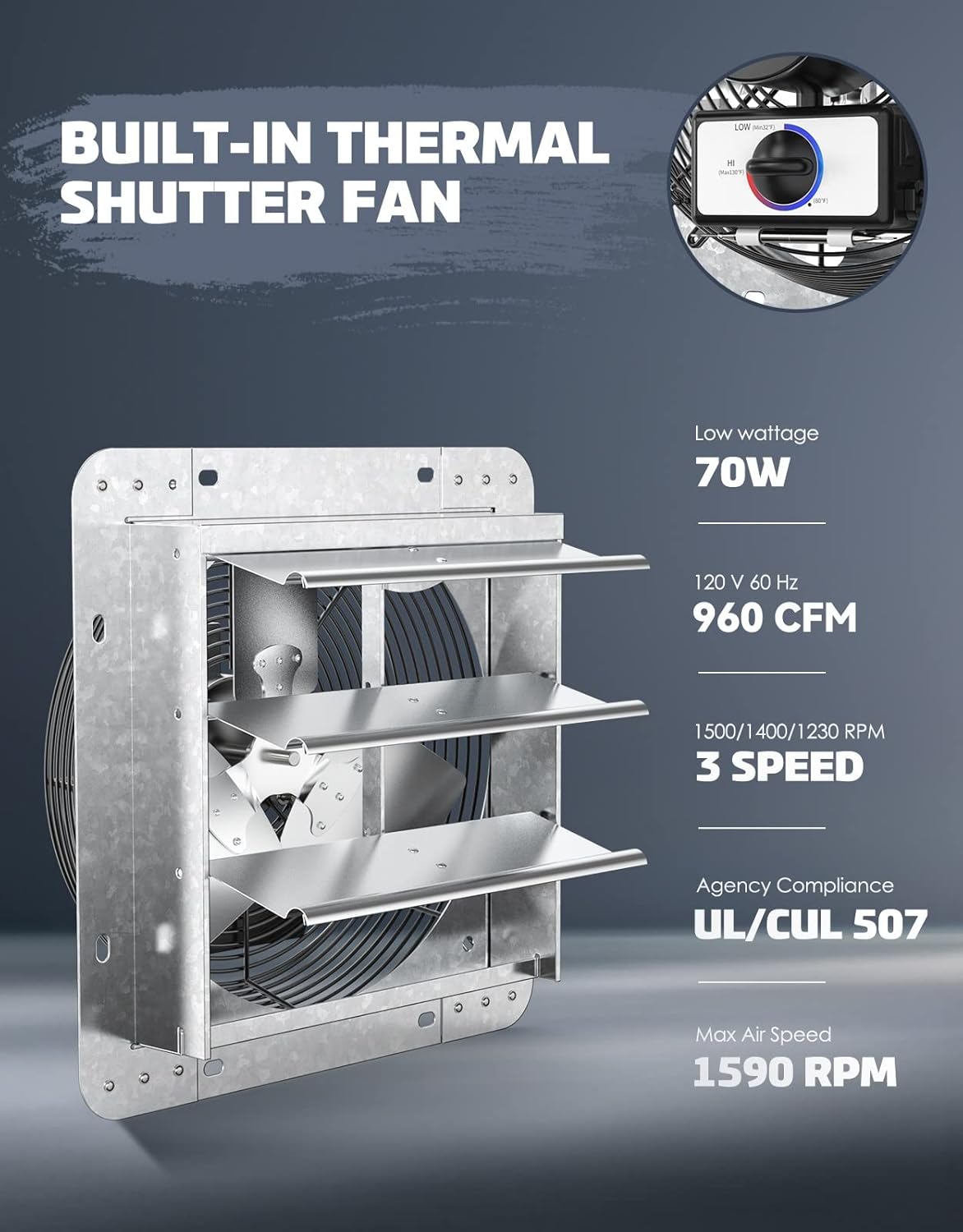 12" Wall Mounted Shutter Exhaust Fan with Thermostat and 3-Speed Control, 960CFM, 1200 SQF Ventilation for Attic, Shed, or Garage, Silver