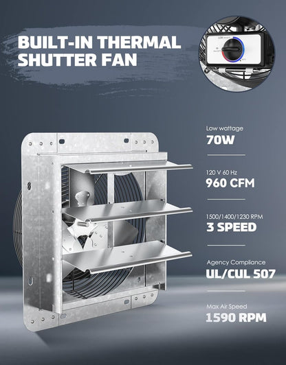 12" Wall Mounted Shutter Exhaust Fan with Thermostat and 3-Speed Control, 960CFM, 1200 SQF Ventilation for Attic, Shed, or Garage, Silver