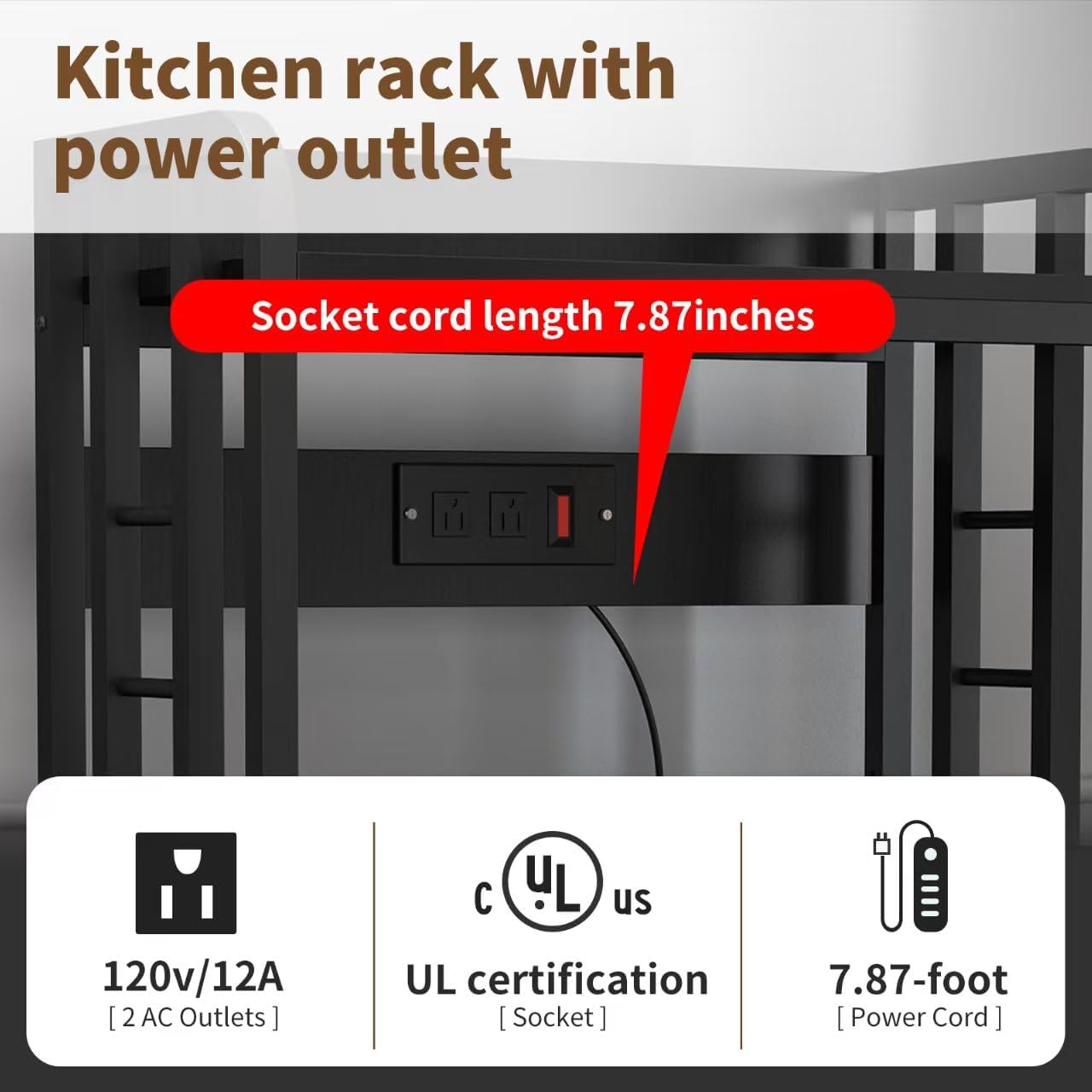 4-Tier Bakers Rack with Power Outlet, Microwave Stand, Freestanding Kitchen Storage Rack, Coffee Bar, Black