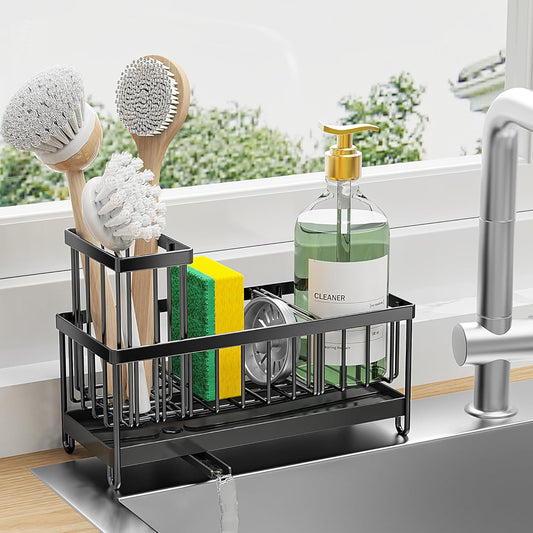 Black Kitchen Sink Sponge Holder Caddy, Rustproof 304 Stainless Steel with Brush & Soap Organizer