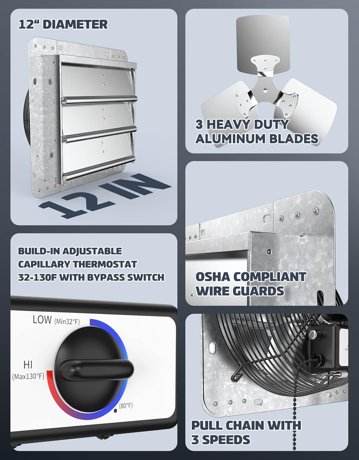 12" Wall Mounted Shutter Exhaust Fan with Thermostat and 3-Speed Control, 960CFM, 1200 SQF Ventilation for Attic, Shed, or Garage, Silver