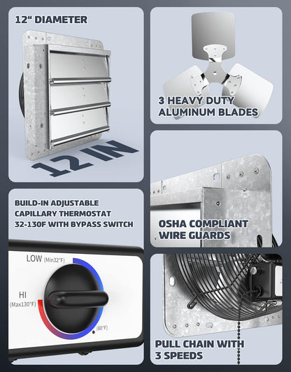 12" Wall Mounted Shutter Exhaust Fan with Thermostat and 3-Speed Control, 960CFM, 1200 SQF Ventilation for Attic, Shed, or Garage, Silver