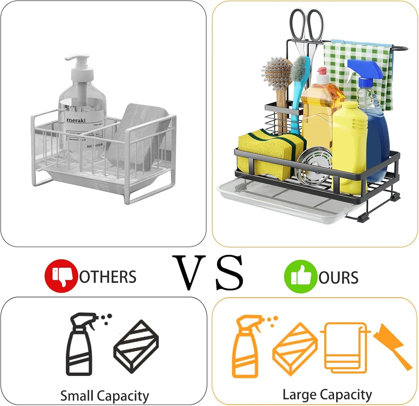 Dish Soap Dispenser and Kitchen Sink Organizer, 304 Stainless Steel with Brush Rack, Sponge Holder, and Drain-Pan Sink Caddy, Kitchen Gadget Gift