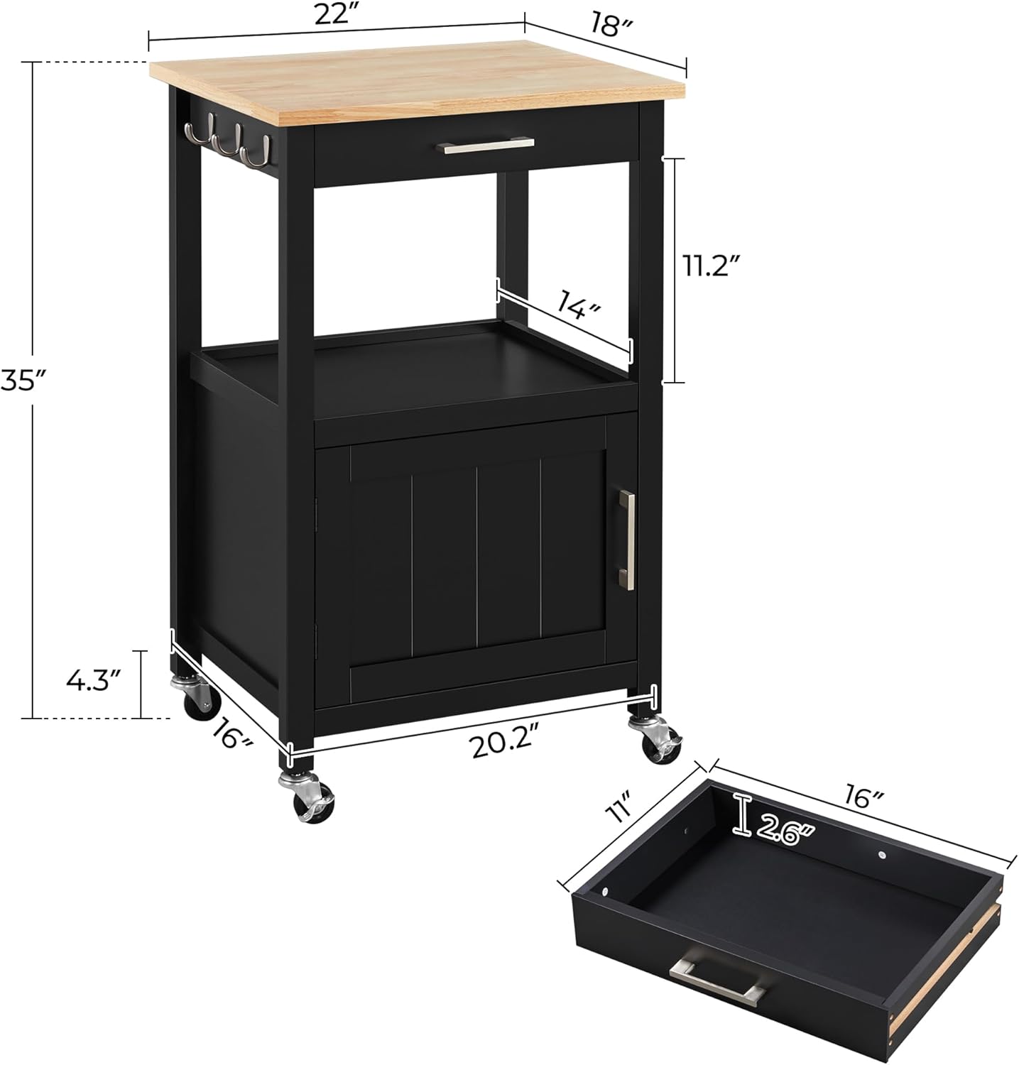 Small Kitchen Island on Wheels with Wood Top and Drawer, Trolley Cart with Open Shelf and Storage Cabinet, 22x18x35 Inches, Black