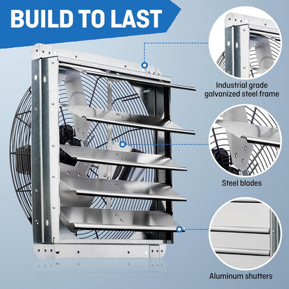 18" Wall Mounted Shutter Exhaust Fan with Automatic Shutter, Thermostat, Variable Speed, 1736CFM, 2600 SQF Coverage, Silver