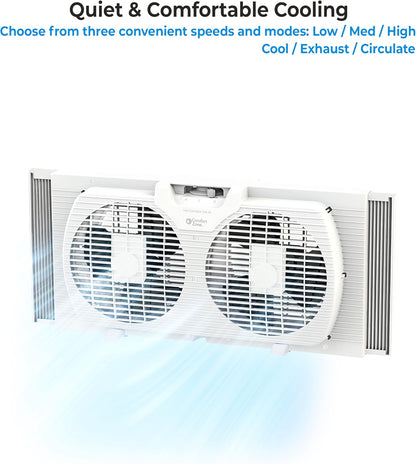 Twin Window Fan with Reversible Airflow, 9" Dual Fan, 2-Speed, Auto-Locking Expanders, 9.84 ft/sec, for Home, Kitchen, Bedroom, or Office