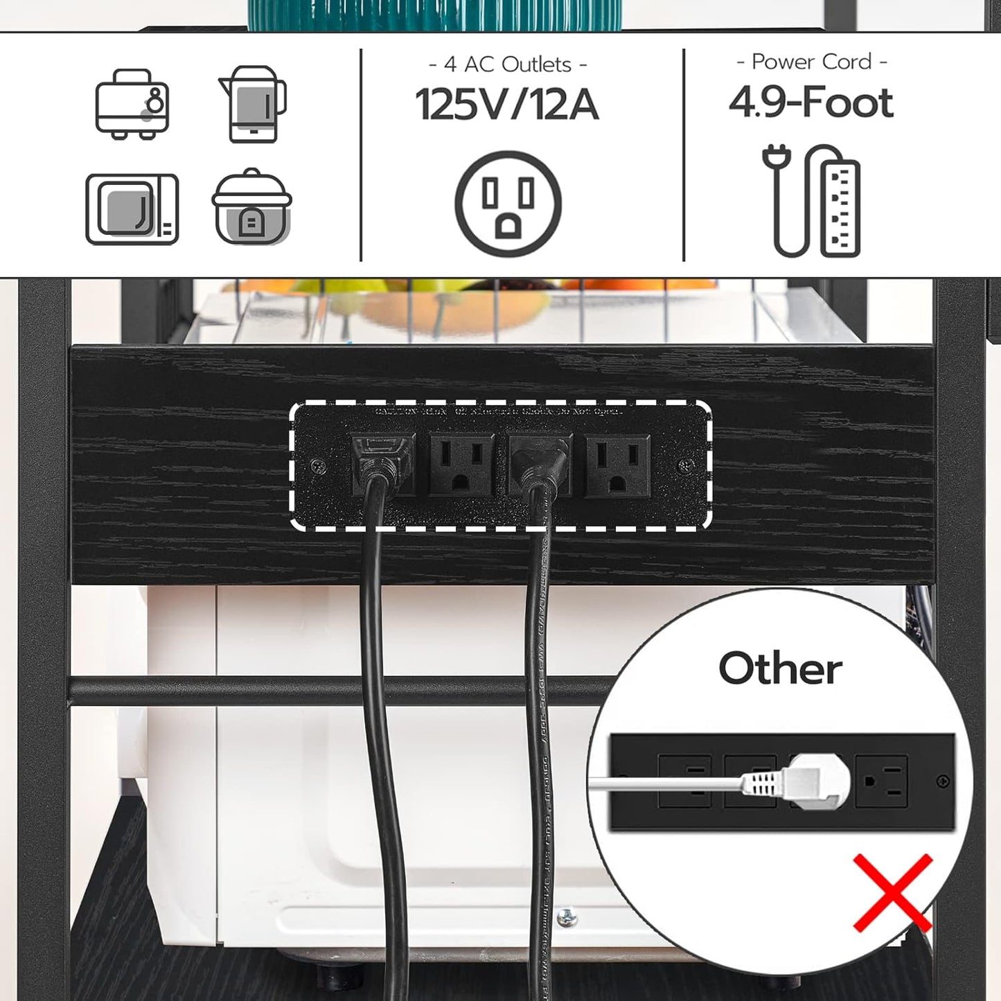 Kitchen Bakers Rack with Power Outlet, Microwave Stand, Mesh Basket, 4 Hooks, Coffee Station, Black
