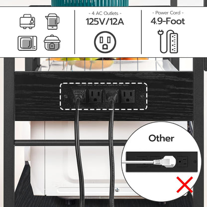 Kitchen Bakers Rack with Power Outlet, Microwave Stand, Mesh Basket, 4 Hooks, Coffee Station, Black