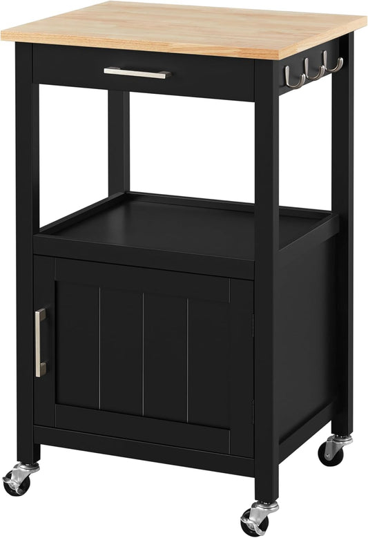 Small Kitchen Island on Wheels with Wood Top and Drawer, Trolley Cart with Open Shelf and Storage Cabinet, 22x18x35 Inches, Black