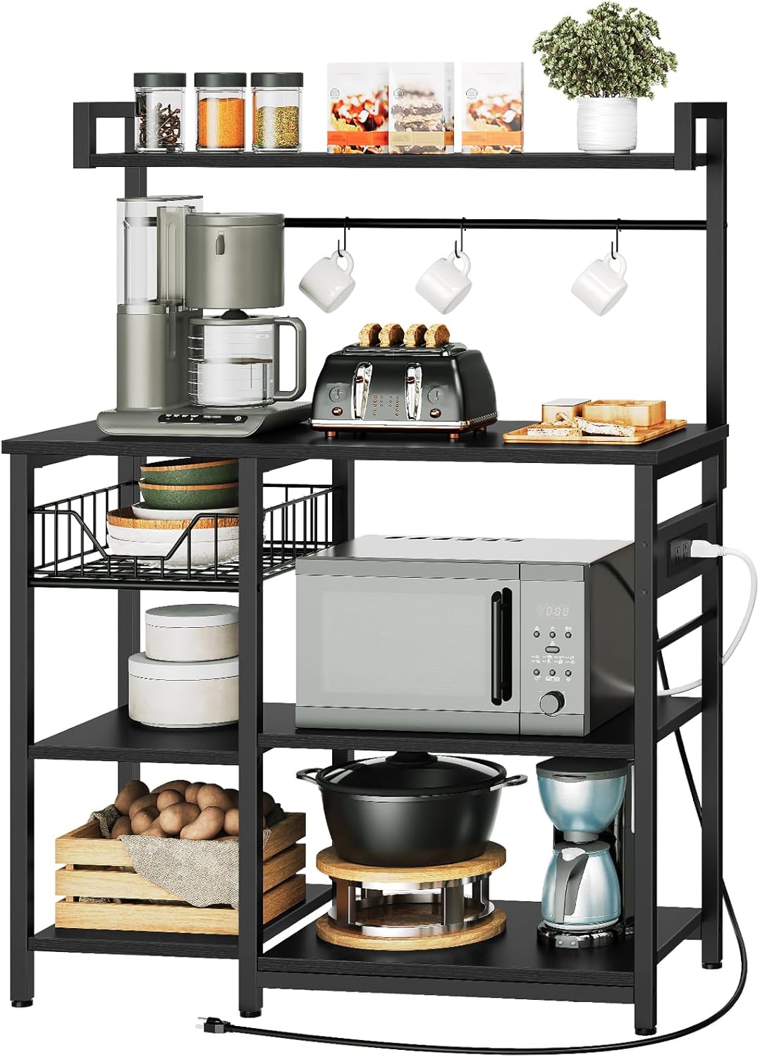 Kitchen Bakers Rack with Power Outlet, Microwave Stand, Mesh Basket, 4 Hooks, Coffee Station, Black