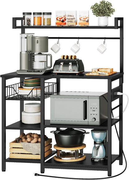 Kitchen Bakers Rack with Power Outlet, Microwave Stand, Mesh Basket, 4 Hooks, Coffee Station, Black