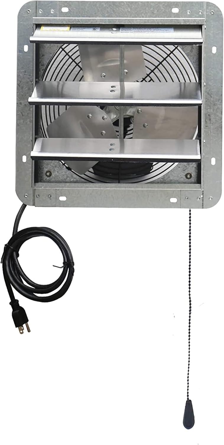 12" Wall Mounted Shutter Exhaust Fan with Thermostat and 3-Speed Control, 960CFM, 1200 SQF Ventilation for Attic, Shed, or Garage, Silver