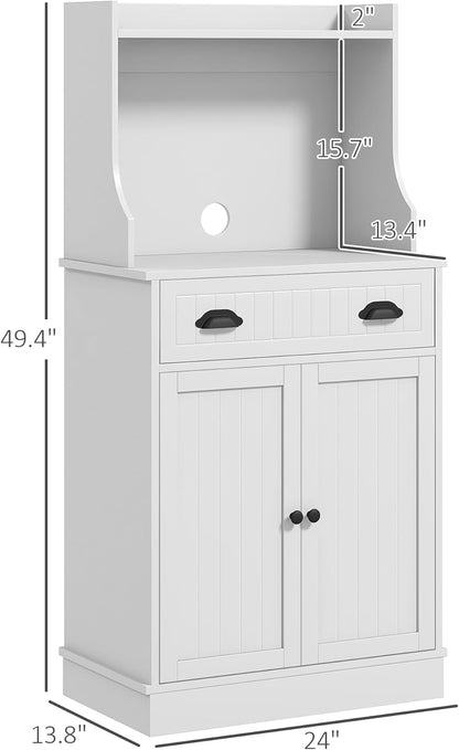 Microwave Cabinet with Storage Drawer, Double Door and Adjustable Shelf, Buffet Hutch with Cable Hole, Kitchen, Dining, Living Room, White