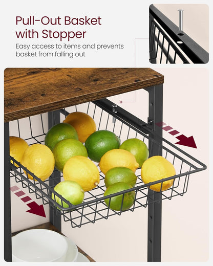 Baker's Rack Coffee Bar Stand with Charging Station, Storage Shelves, Pull-Out Wire Basket, Microwave Table, Kitchen, 15.7x35.4x35.6 Inches, Rustic Brown