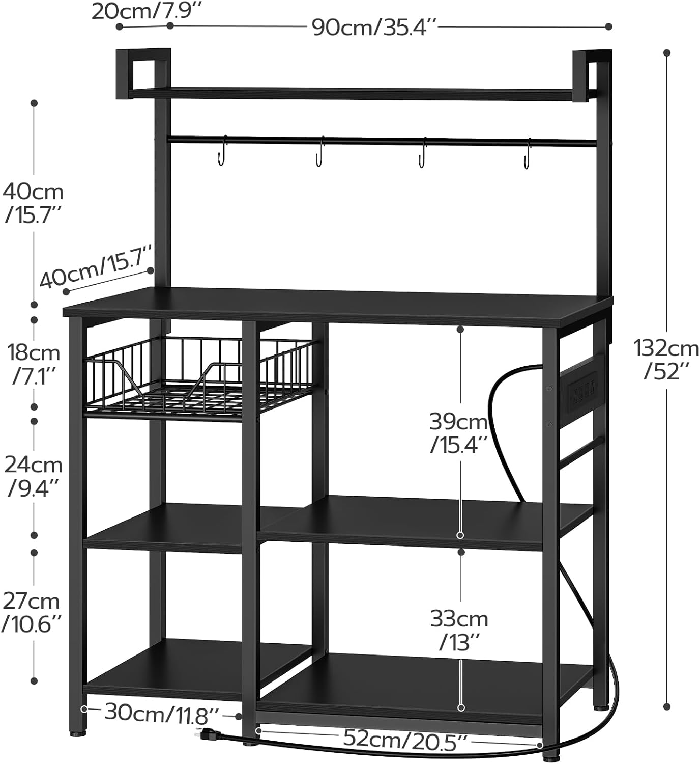Kitchen Bakers Rack with Power Outlet, Microwave Stand, Mesh Basket, 4 Hooks, Coffee Station, Black