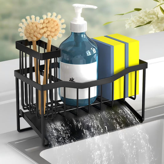 Sink Caddy Sponge Holder for Kitchen, Stainless Steel with Brush Holder and Self-Drain Tray, Rustproof Organizer for Sponge, Soap Dispenser, and Accessories