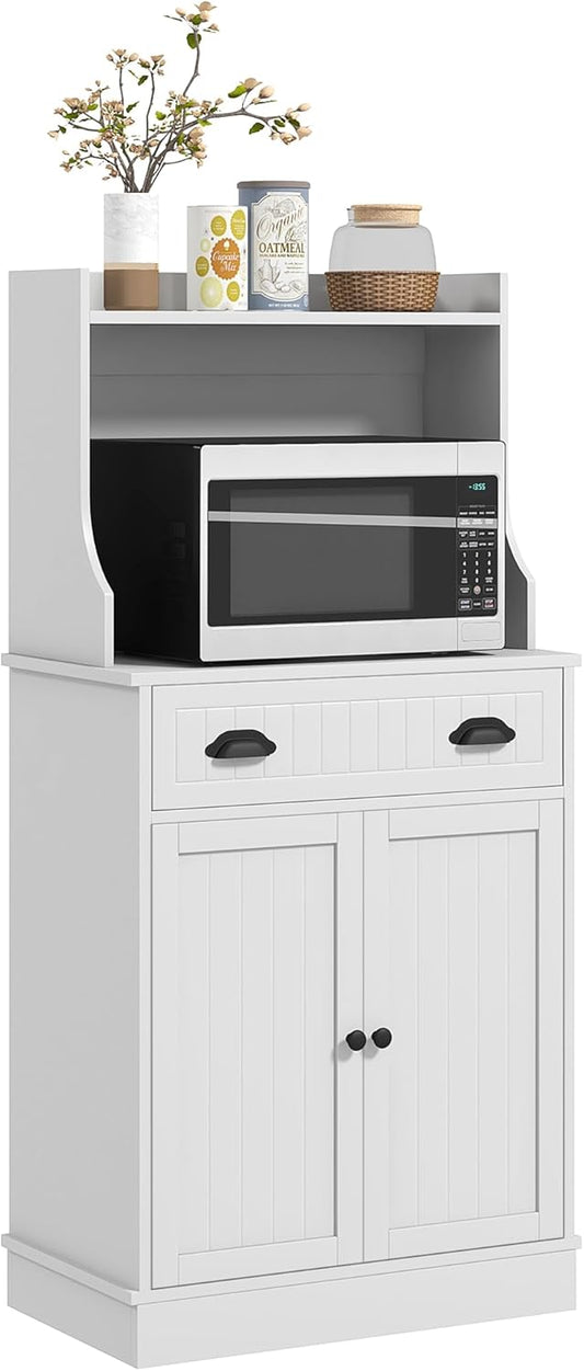 Microwave Cabinet with Storage Drawer, Double Door and Adjustable Shelf, Buffet Hutch with Cable Hole, Kitchen, Dining, Living Room, White