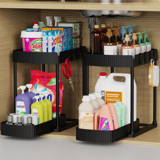 2 Pack Multi-Purpose Pull-Out Storage Organizers, 12.8" Under-Sink and Under-Cabinet Storage for Bathroom & Kitchen, Black