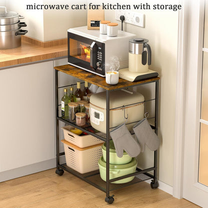 3-Tier Rolling Kitchen Microwave Cart with Storage, Utility Cart on Lockable Wheels, Coffee Cart Shelf Organizer for Living Room, Office, Balcony
