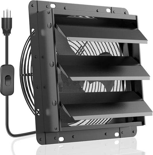 10" Shutter Exhaust Fan, 647CFM Low Noise with Mesh Screen for Basement, Shed, Gable, or Chicken Coop Ventilation, Black
