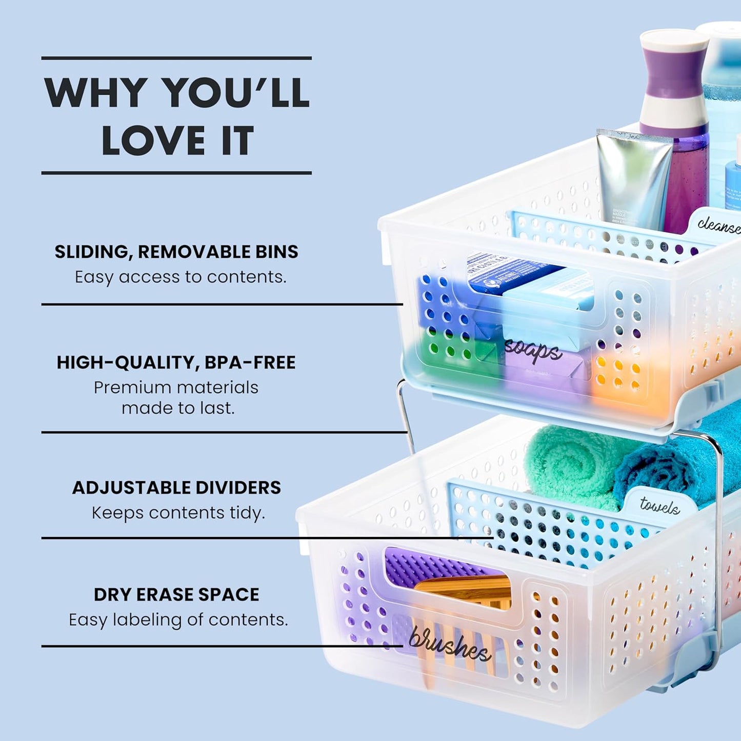 2-Tier Plastic Multipurpose Organizer with Divided Slide-Out Storage Bins, Under-Sink and Cabinet Rack, Frost