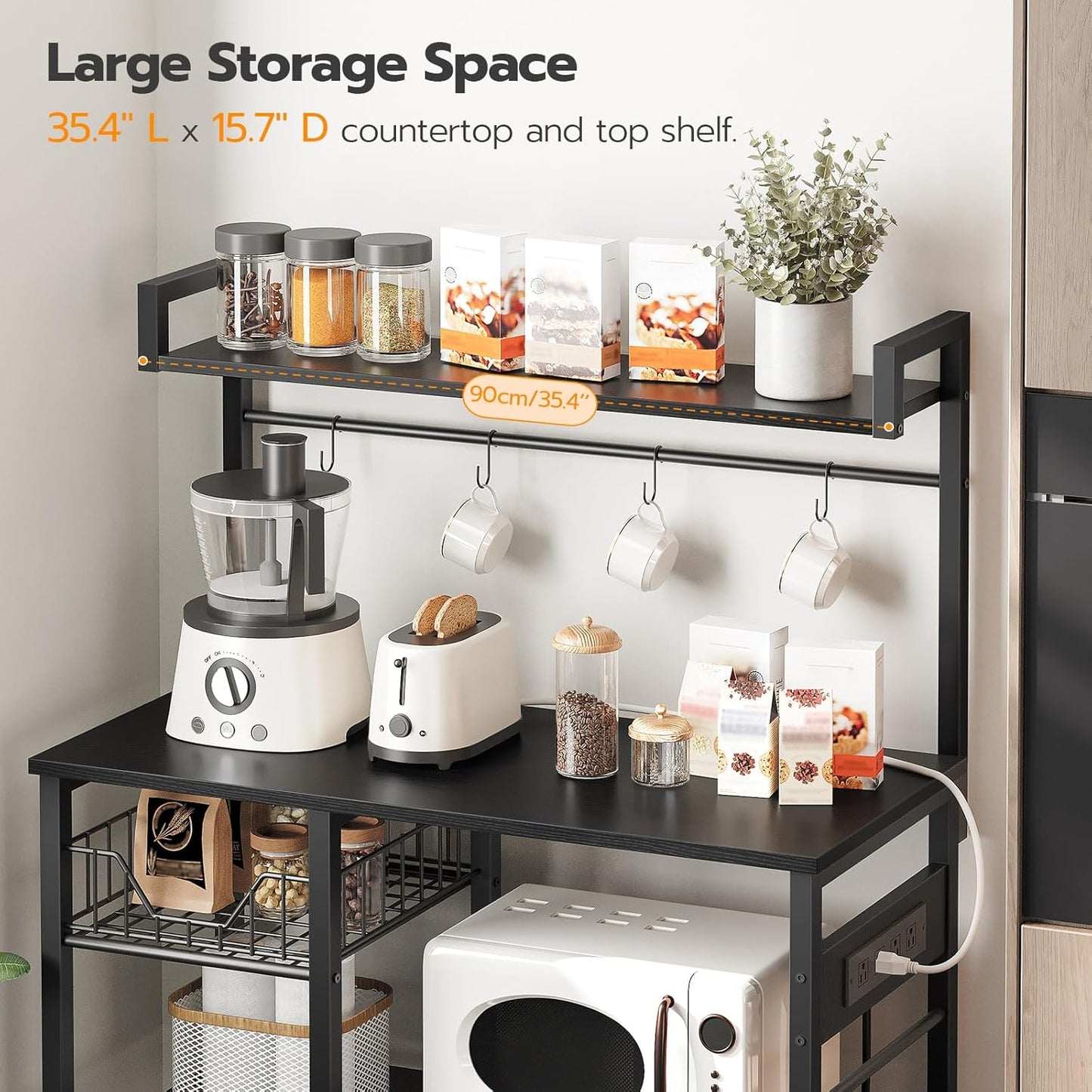 Kitchen Bakers Rack with Power Outlet, Microwave Stand, Mesh Basket, 4 Hooks, Coffee Station, Black