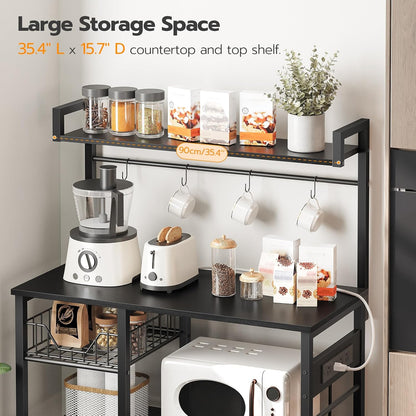 Kitchen Bakers Rack with Power Outlet, Microwave Stand, Mesh Basket, 4 Hooks, Coffee Station, Black