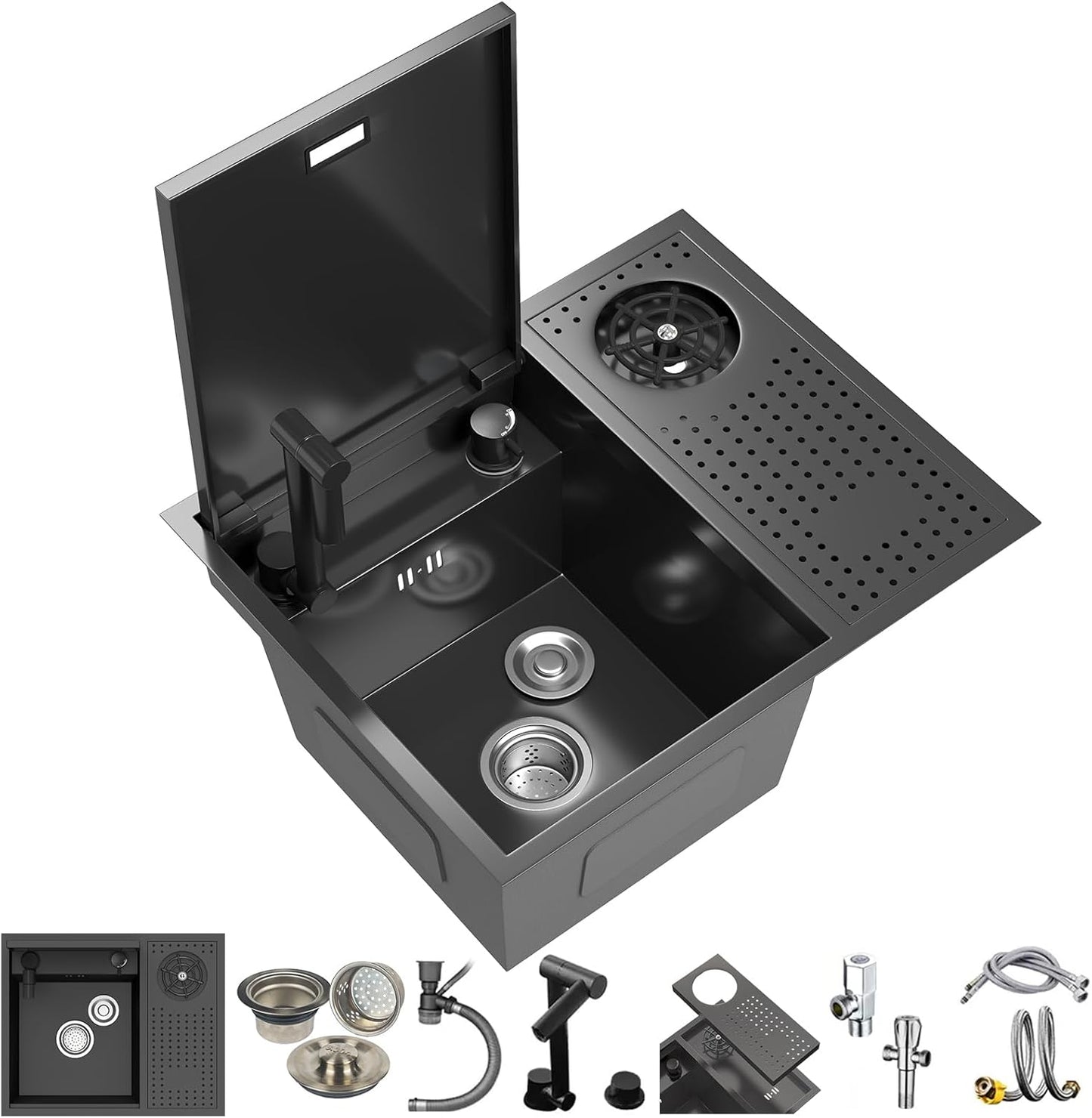 21.6x17.7-Inch Black Stainless Steel Slow Drop Bar Sink for Center Island, Motor Home, Western Style Countertop with Rotating Folding Faucet and Press Cup Washer