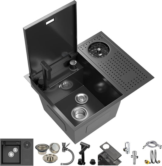 21.6x17.7-Inch Black Stainless Steel Slow Drop Bar Sink for Center Island, Motor Home, Western Style Countertop with Rotating Folding Faucet and Press Cup Washer